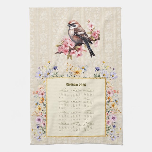 2026 Calendar Towel Sparrow with Wildflowers Geschirrtuch (Vertikal)