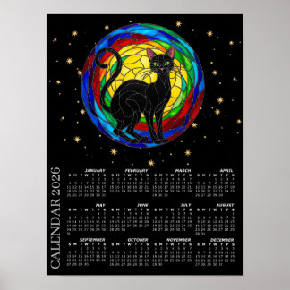 2026 Calendar, Vintage Black Cat, Colorful Mosaic Poster