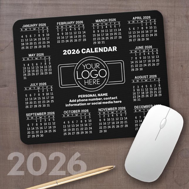 2026 Calendar with logo, Contact Information Black Mousepad (2026 Calendar on a Mousepad)