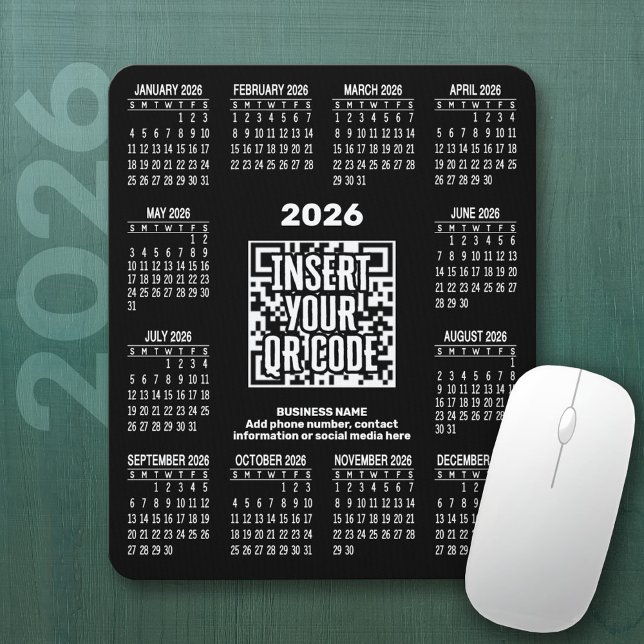 2026 Calendar with QR Code Contact Info Black Mousepad (2026 Calendar on a Mousepad)