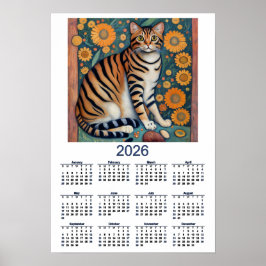2026 Calendar with Tabby Cat Folk Art Poster