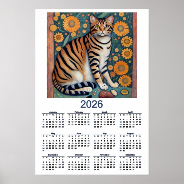 2026 Calendar with Tabby Cat Folk Art Poster (Vorne)