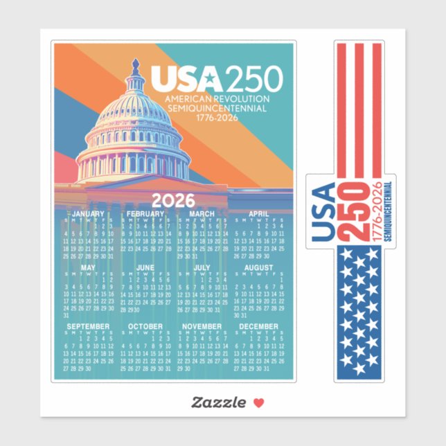 2026 Calendar with USA 250 Capital Dome America Aufkleber (Blatt)