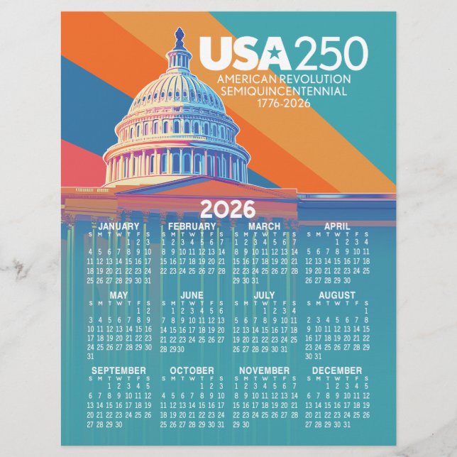 2026 Calendar with USA 250 Capital Dome America Briefbogen (Vorderseite)