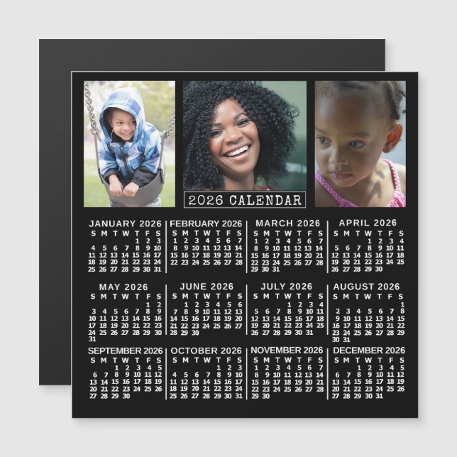 2026 Calendar Year Black | 3 Custom Photo Collage Magneteinladung (Vorne/Hinten)