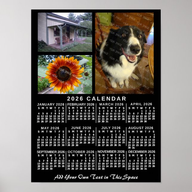 2026 Calendar Year Black Custom 3 Photos Monthly Poster (Vorne)