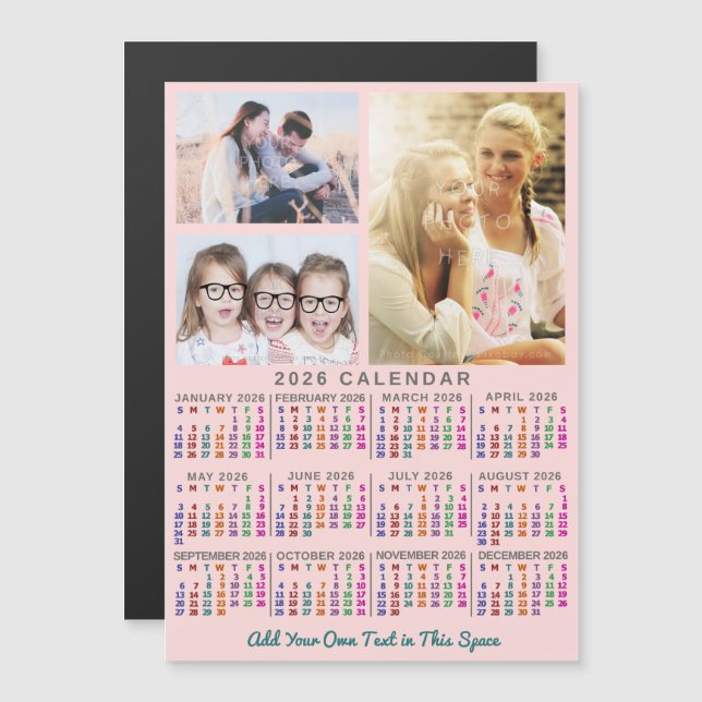 2026 Calendar Year Colorful Pink Custom 3 Photos Magneteinladung (Vorne/Hinten)