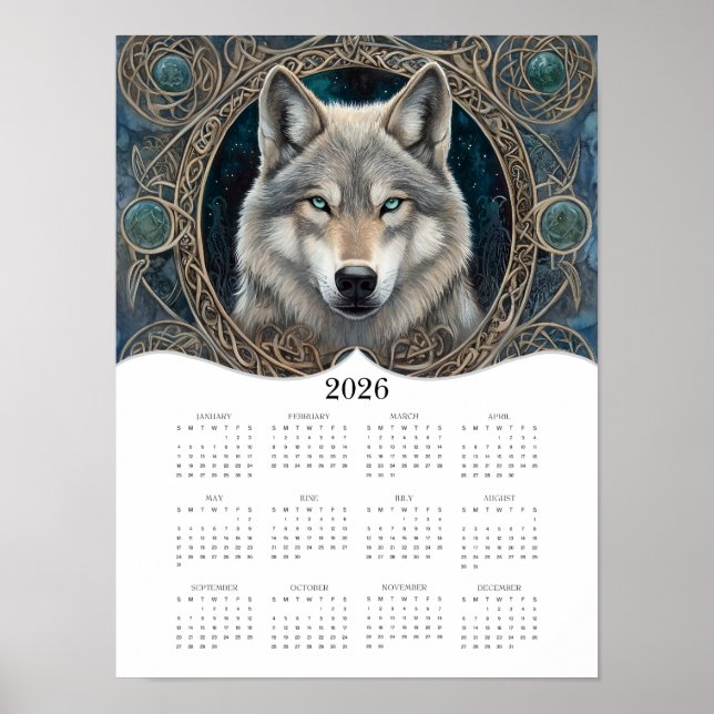 2026 Celtic Wolf Fantasy Art Full Year Calendar Poster (Vorne)