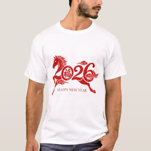 2026 Chinesisches Neujahr Jahr des Pferdes Rot Gra T-Shirt