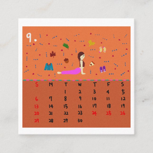 2026 Cute Cartoon Yoga Poses Calendar, Health  Quadratische Visitenkarte (Vorderseite)