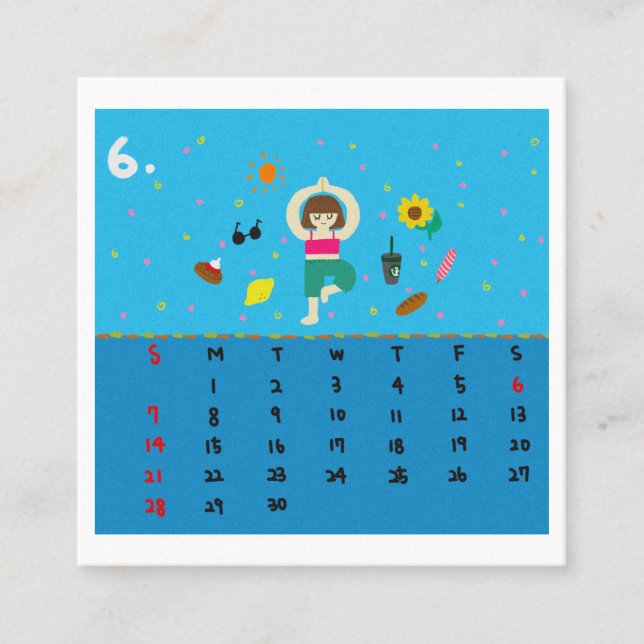 2026 Cute Cartoon Yoga Poses Calendar, Health  Quadratische Visitenkarte (Vorderseite)