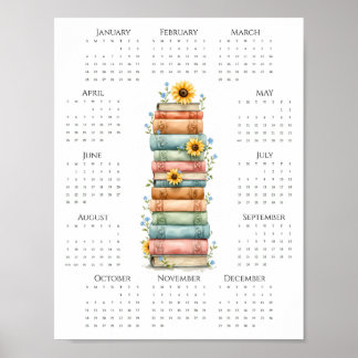 2026 Ein-Seiten-Kalender Gestapelte Bücher und Son Poster