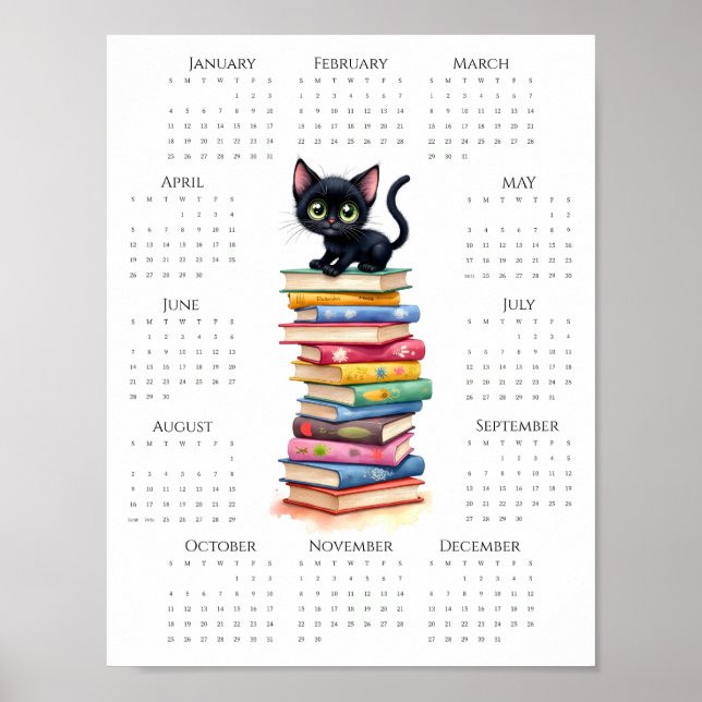 2026 Ein-Seiten-Kalender Schwarze Katze auf farben Poster (Vorne)