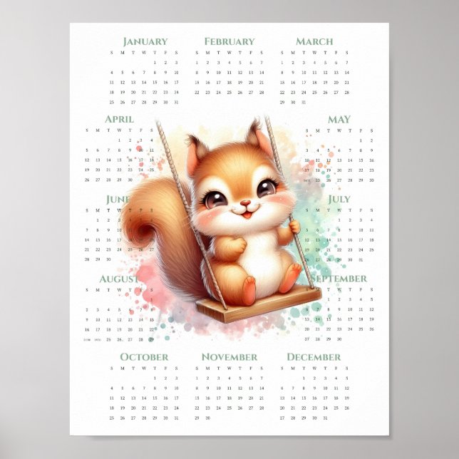 2026 Ein-Seiten-Kalender Süßes Eichhörnchen auf Sc Poster (Vorne)