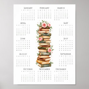 2026 Ein-Seiten-Kalender Vintage-Bücher und rosa R Poster