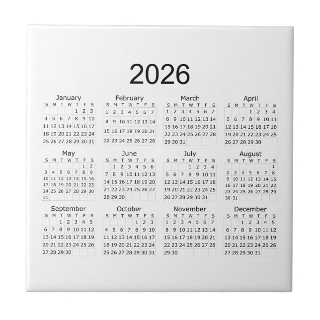 2026 Einfacher Minimalistischer Kalender Fliese (Vorderseite)