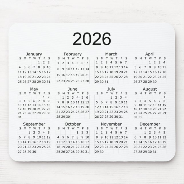 2026 Einfacher Minimalistischer Kalender Mousepad (Vorne)