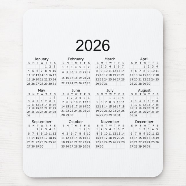 2026 Einfacher Minimalistischer Kalender Mousepad (Vorne)