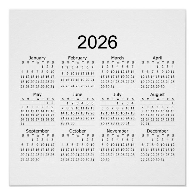 2026 Einfacher Minimalistischer Kalender Poster (Vorderseite)