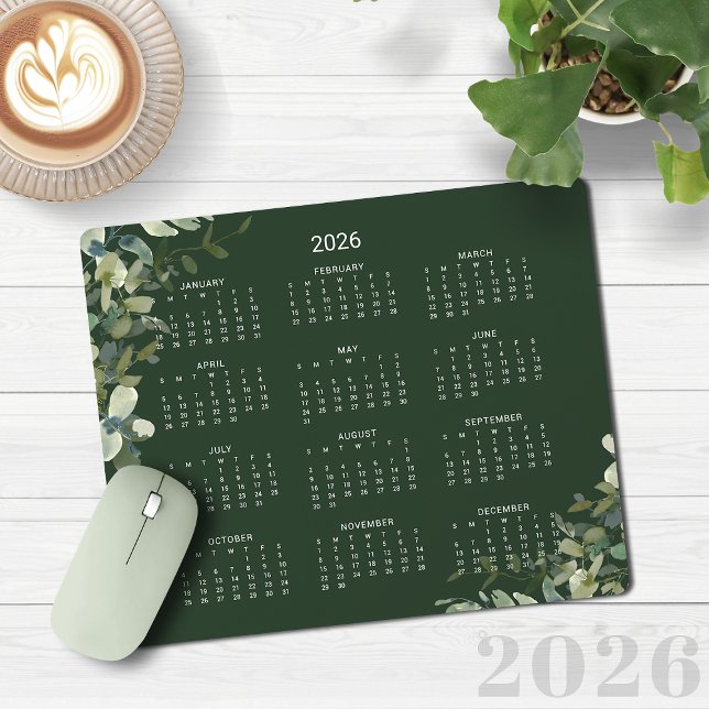 2026 Elegant Dark Green Eukalyptus Desk Calendar Mousepad (2026 Elegant Dark Green Eucalyptus Desk Calendar Mouse Pad)