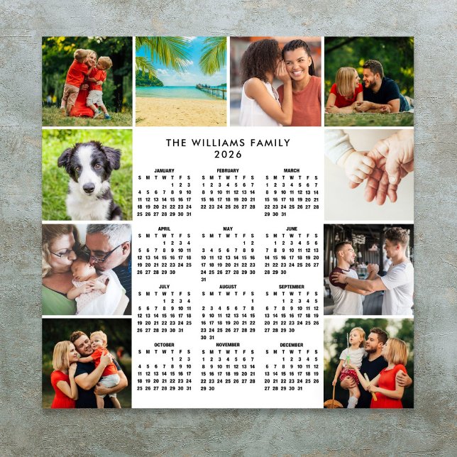 2026 Familienkalender mit 10 Fotos Collage Poster (2026 Calendar 10 Photo Collage Family Poster)