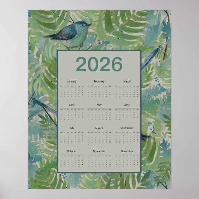 2026 Ferns Birds Calendar Poster (Vorne)