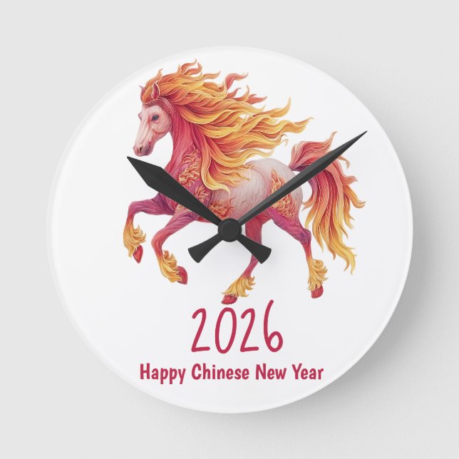 2026 Fiery Horse – Happy Chinese New Year Runde Wanduhr (Vorderseite)
