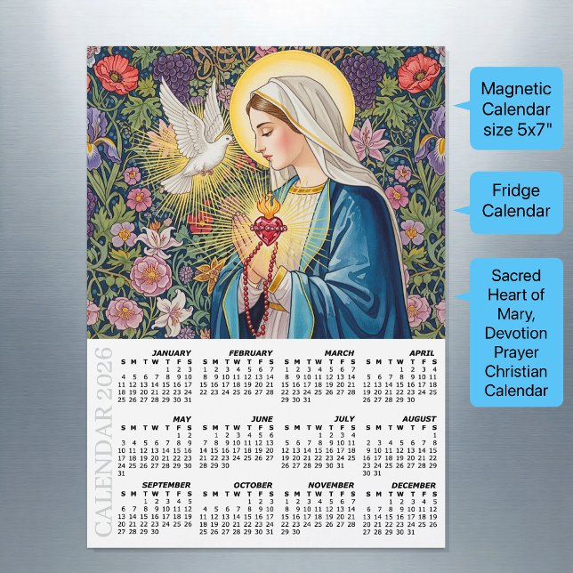 2026 Fridge Calendar, Sacred Heart of Mary /Prayer Magnetkarte (Sacred Heart of Mary Fridge Calendar 2026 / devotion prayer)