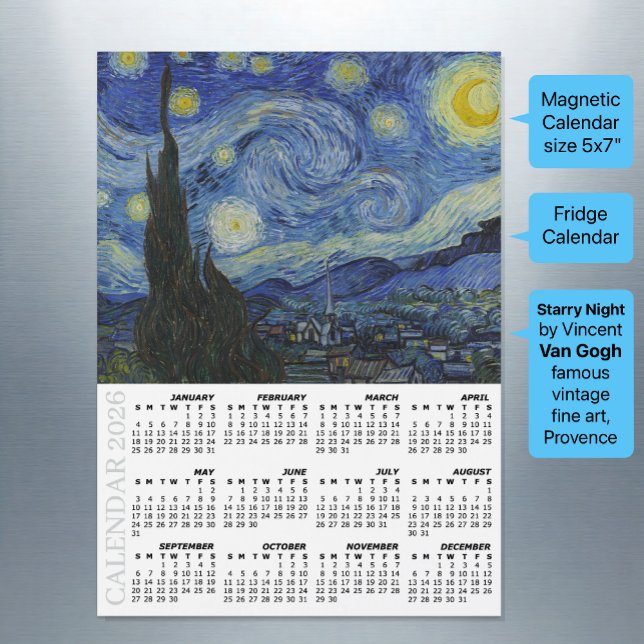 2026 Fridge Calendar, Starry Night / Van Gogh Magnetkarte (Starry Night Fridge Calendar 2026 / van Gogh / Magnetic)