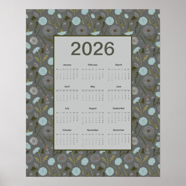 2026 Full Year Calendar Gray Blue Dandelion Poster (Vorne)