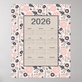 2026 Full Year Calendar Pink Gray Botanical Poster