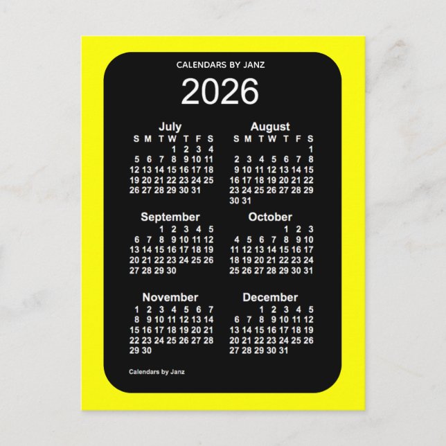 2026 Gelbe Neon 6 Monate Mini-Kalender von Janz Postkarte (Vorderseite)