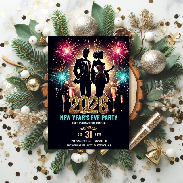 2026 Glamour Silvester Party Feuerwerke Einladung (Glamorous New Year's Eve Party Invitation front view.)