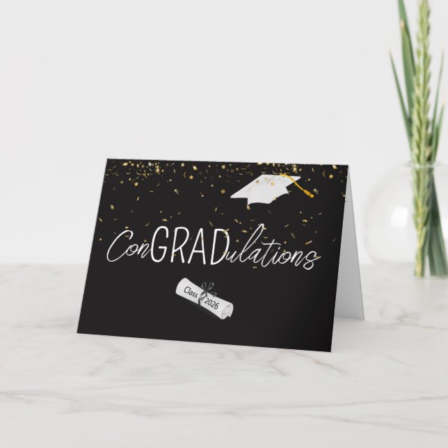 2026 Graduation Gold Confetti and Cap Karte (Vorderseite)