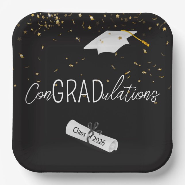 2026 Graduation Gold Confetti and Cap Pappteller (Vorderseite)