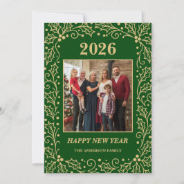 2026 Green & Antique-Gold Family New Year Photo Feiertagskarte