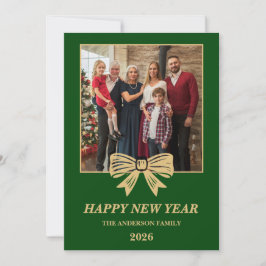 2026 Green & Gold Bow Family New Year Photo Feiertagskarte