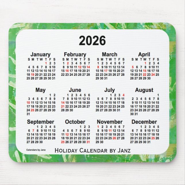 2026 Green Holiday Art Calendar von Janz Mouse Pad Mousepad (Vorne)