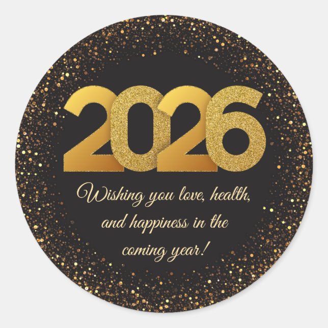 2026 happy new year, black gold glitters modern  runder aufkleber (Vorderseite)