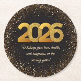 2026 happy new year, black gold glitters stylish runder pappuntersetzer
