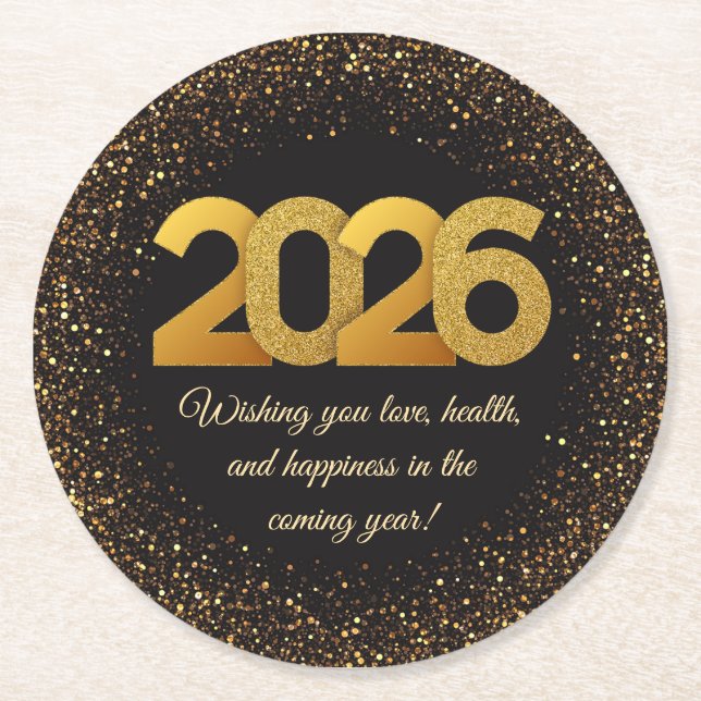 2026 happy new year, black gold glitters stylish runder pappuntersetzer (Vorderseite)