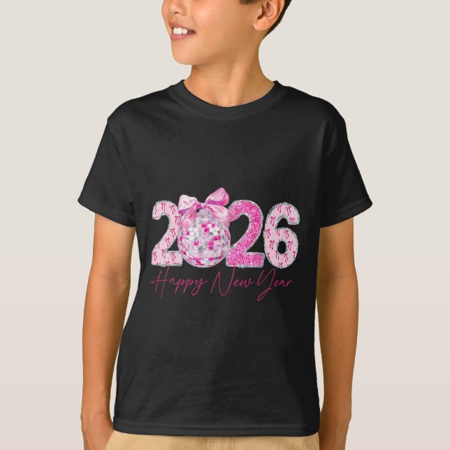 2026 Happy New Year Bow Patch Disco Ball  T-Shirt (Vorderseite)