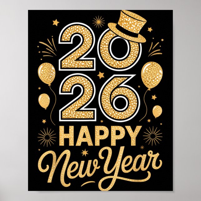 2026 Happy New Year Festive Top Hat Balloon Firewo Poster (Vorne)