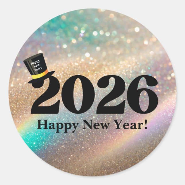 2026 happy new year, fun cute hat glitters runder aufkleber (Vorderseite)