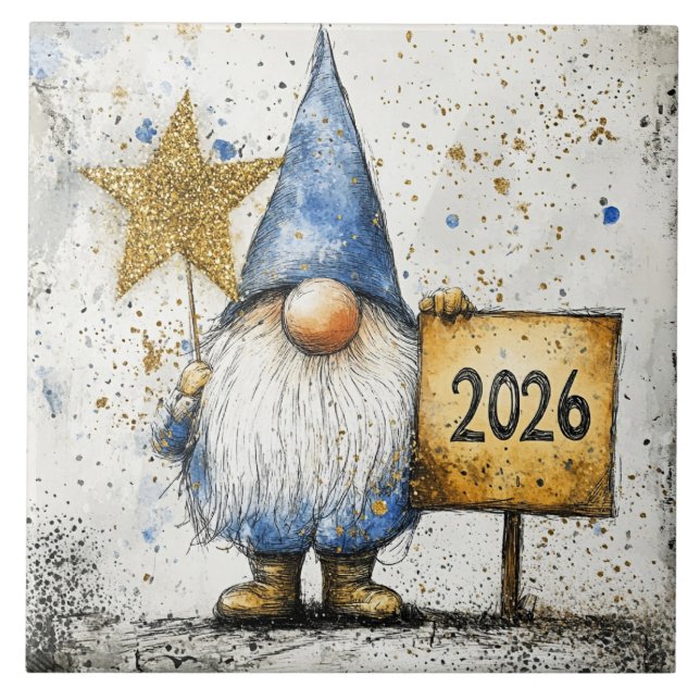 2026, Happy New Year, gnome, Fliese (Vorderseite)
