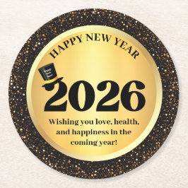 2026 happy new year, gold black sparkles chic runder pappuntersetzer