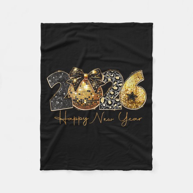 2026 Happy New Year Gold Disco Leopard Bow Coquett Fleecedecke (Vorderseite)