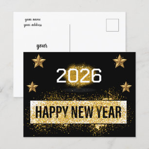 2026, Happy New Year ! Gold Glitzer Shiny Stars Postkarte