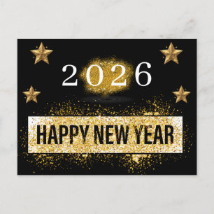 2026, Happy New Year ! Gold Glitzer Stars Postkarte