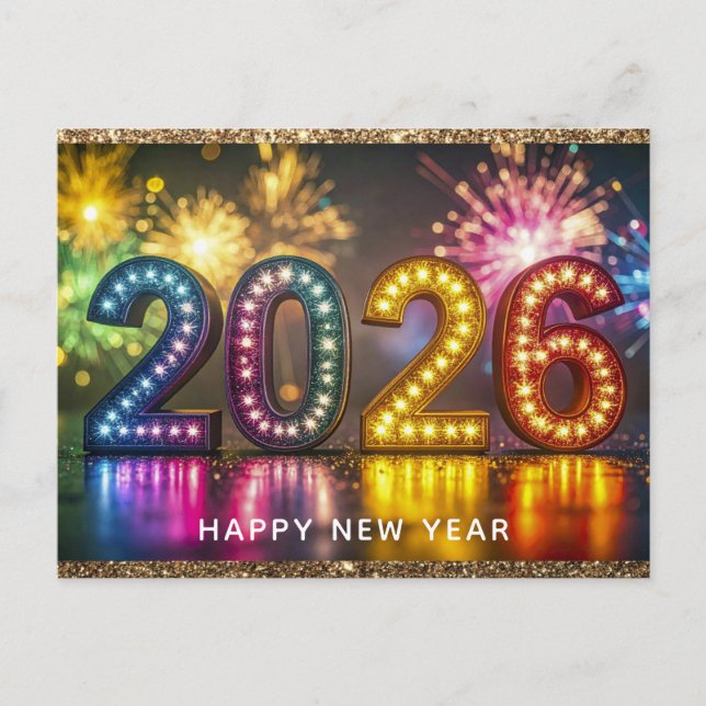 2026 Happy New Year Modern Fireworks Glitter Postkarte (Vorderseite)